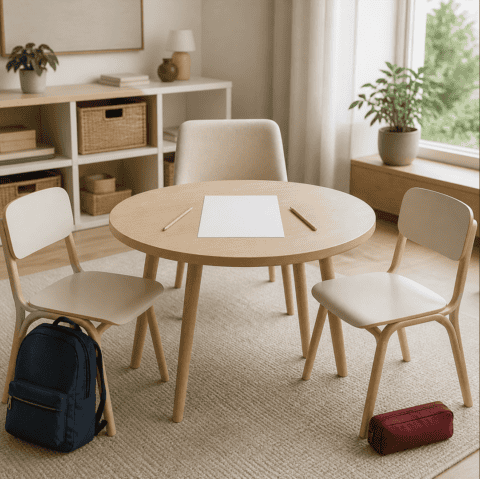 Spațiu de întâlnire cu masă rotundă, scaune și decor modern în cameră luminoasă.